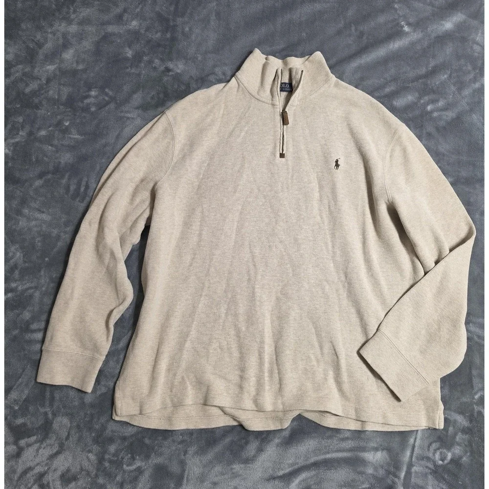 Polo Ralph Lauren Sweater Mens 2XL Beige Quarter Zip Mock Neck Pullover Pony